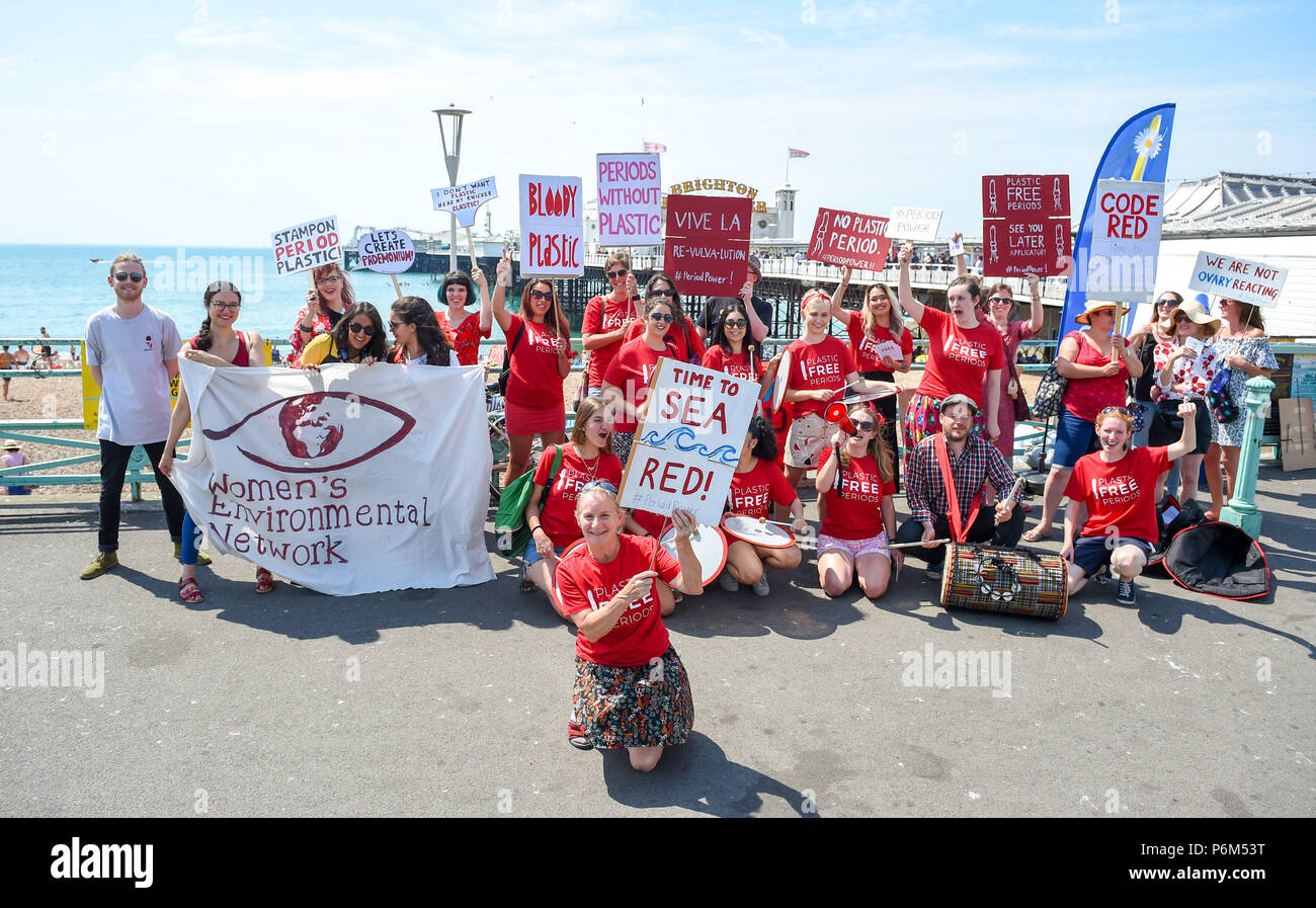 Brighton UK 1st July 2018  - People take part in the Plastic Free Period Products protest parade in Brighton on a beautiful hot sunny day To mark the beginning of the campaign to show your #periodpower this July Natracare the UKs leading plastic free period brand has joined forces with the Marine Conservation Society to reveal the shocking environmental impacts of period waste on the UK coastline Credit: Simon Dack/Alamy Live News Stock Photo