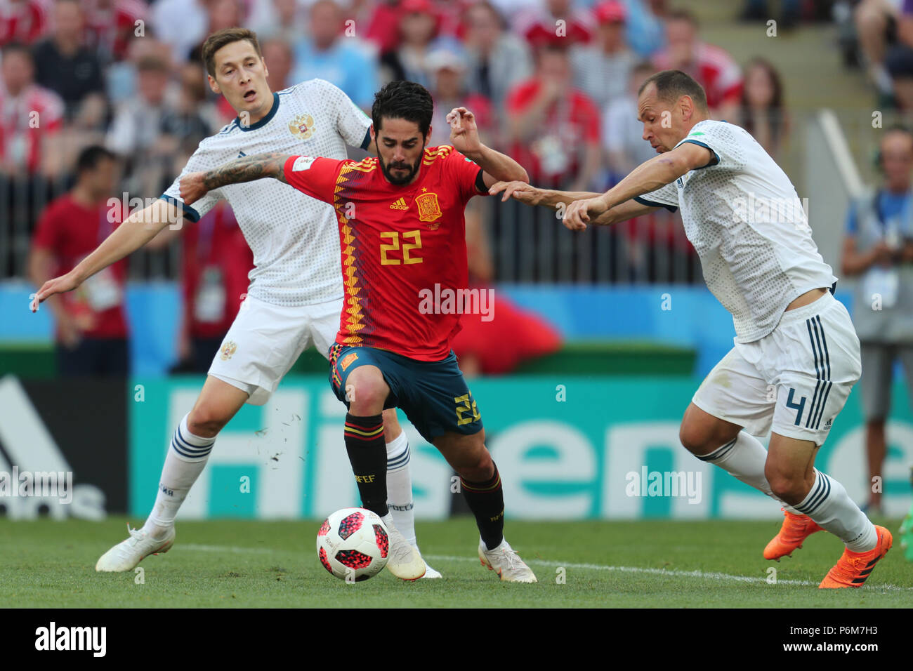 Daler Kuzyaev, Isco, Sergei Ignashevich SPAIN V RUSSIA SPAIN V RUSSIA, 2018 FIFA WORLD CUP RUSSIA 01 July 2018 GBC9012 2018 FIFA World Cup Russia STRICTLY EDITORIAL USE ONLY. If The Player/Players Depicted In This Image Is/Are Playing For An English Club Or The England National Team. Then This Image May Only Be Used For Editorial Purposes. No Commercial Use. The Following Usages Are Also Restricted EVEN IF IN AN EDITORIAL CONTEXT: Use in conjuction with, or part of, any unauthorized audio, video, data, fixture lists, club/league logos, Betting, Games or any 'live' services. Stock Photo