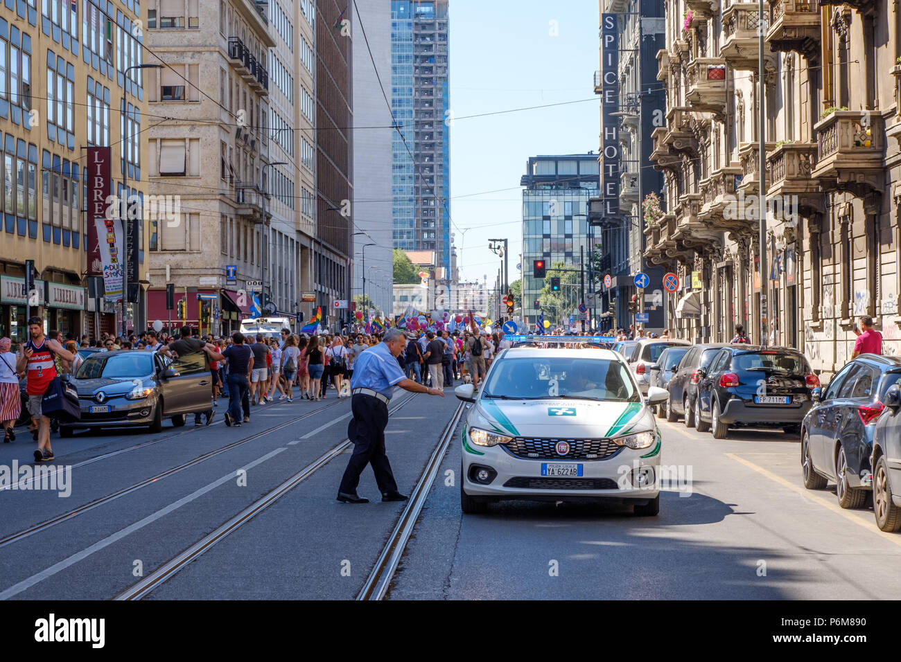 Milan, Italy. 30th Jun, 2018. Local police car at the start of the parade of Milan Pride 2018. Milan, Italy. June 30, 2018. Credit: Gentian Polovina/Alamy Live News Stock Photo