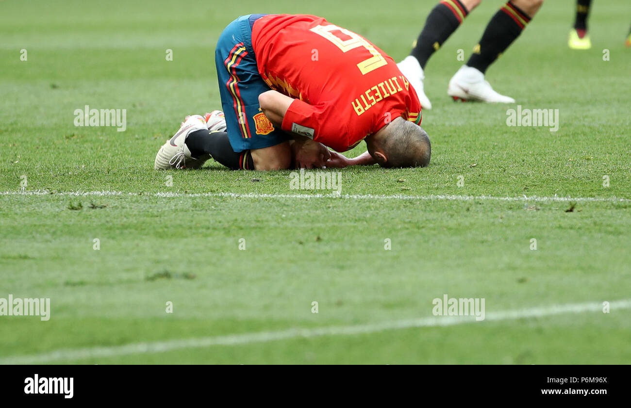 Moscow, Russia. 1st July, 2018. Andres Iniesta of Spain falls down on the pitch during the 2018 FIFA World Cup round of 16 match between Spain and Russia in Moscow, Russia, July 1, 2018. Credit: Wu Zhuang/Xinhua/Alamy Live News Stock Photo