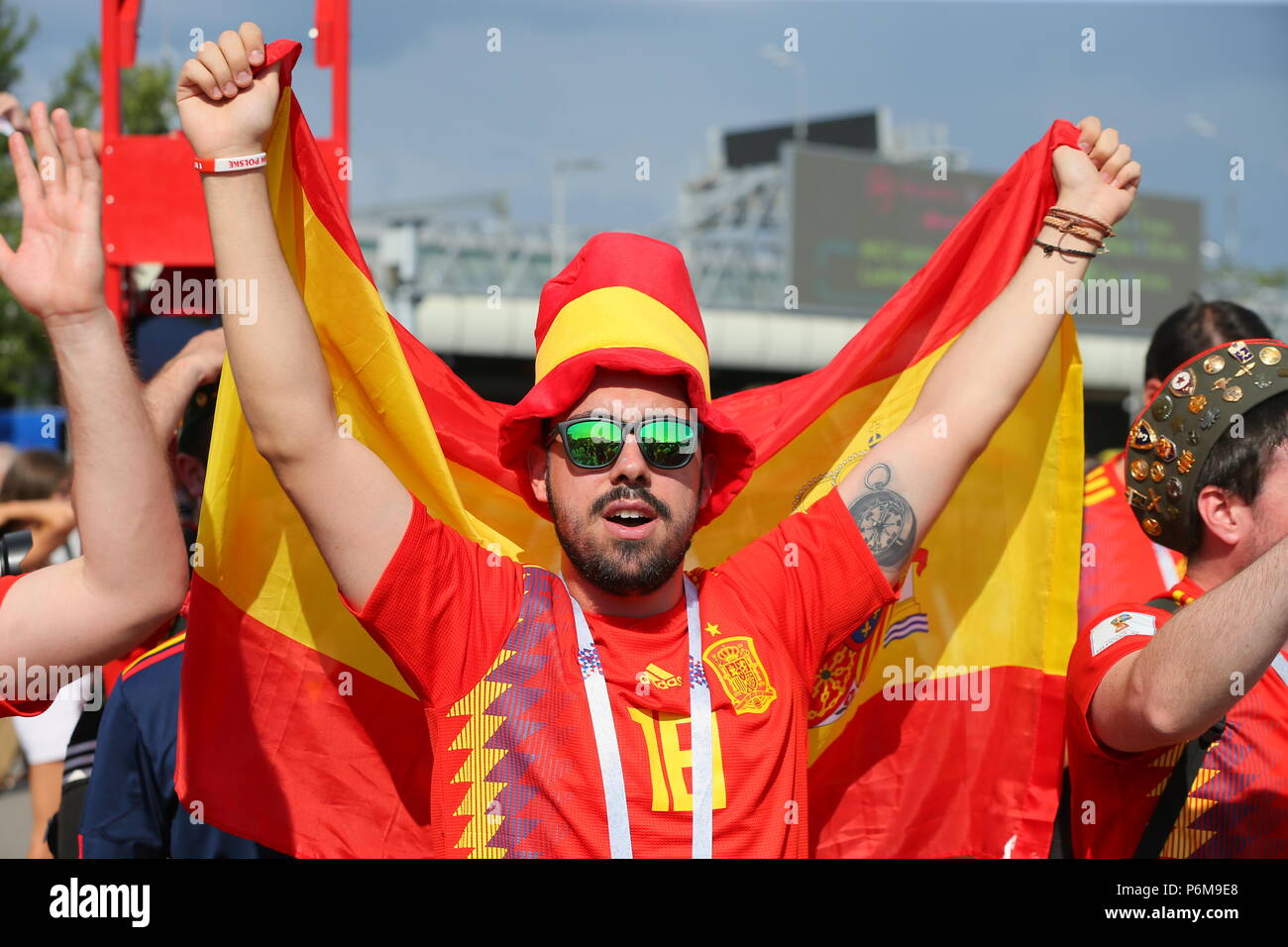 Moscow, Russia. 1st Jul, 2018. Spain's supporters by Luzhniki Stadium ahead of the 2018 FIFA World Cup Round of 16 match between Spain and Russia. Credit: Victor Vytolskiy/Alamy Live News Stock Photo