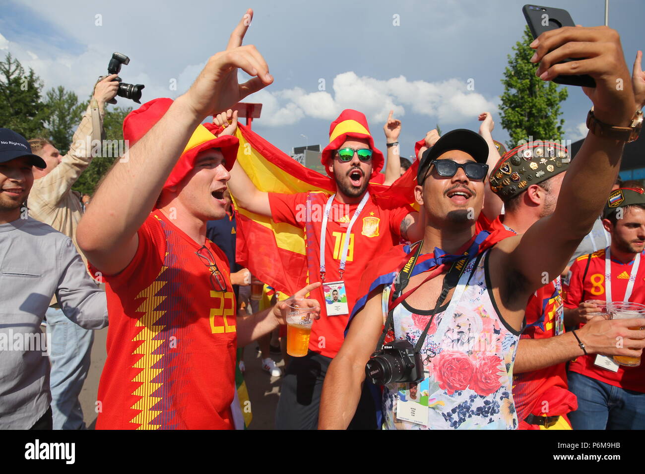 Moscow, Russia. 1st Jul, 2018. Spain's supporters by Luzhniki Stadium ahead of the 2018 FIFA World Cup Round of 16 match between Spain and Russia. Credit: Victor Vytolskiy/Alamy Live News Stock Photo
