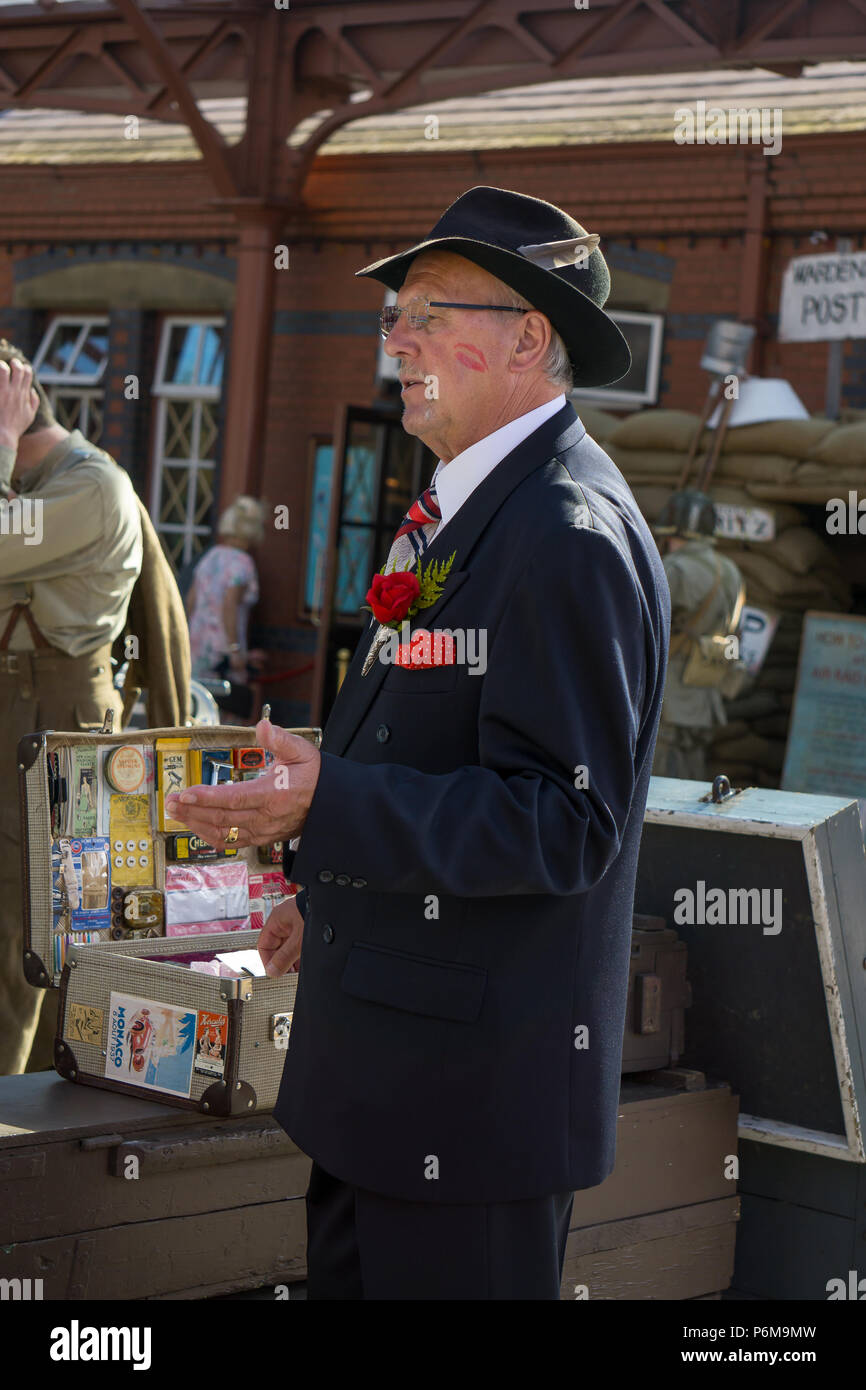 Kidderminster, UK. 1st July, 2018. A journey back in time continues at the Severn Valley Railway as all involved turn the clock back to the 1940s. Visitors and staff pull out all the stops to ensure a realistic wartime Britain is experienced by all on this heritage railway line. Credit: Lee Hudson/Alamy Live News Stock Photo