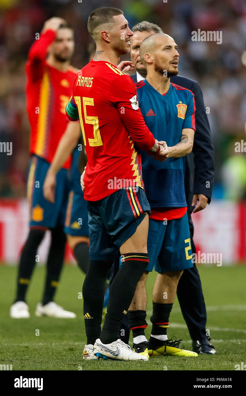 Moscow, Russia. 1st July, 2018. Sergio Ramos of Spain and David Silva of Spain looks dejected after the 2018 FIFA World Cup Round of 16 match between Spain and Russia at Luzhniki Stadium on July 1st 2018 in Moscow, Russia. Credit: PHC Images/Alamy Live News Stock Photo