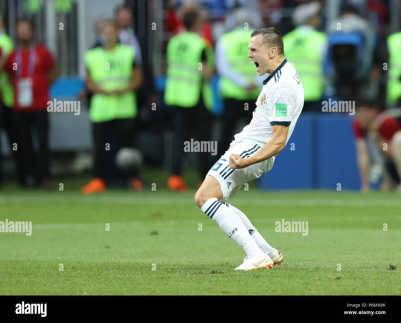 (180701) -- MOSCOW, July 1, 2018 (Xinhua) -- Denis Cheryshev of Russia celebrates after he scored a penalty kick during the 2018 FIFA World Cup round of 16 match between Spain and Russia in Moscow, Russia, July 1, 2018. Russia won 5-4 (4-3 in penalty shootout) and advanced to the quarter-final. (Xinhua/Xu Zijian) Stock Photo