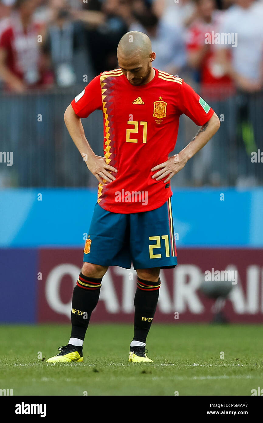 Moscow, Russia. 1st July, 2018. David Silva of Spain looks dejected after his side concede their first goal to make the score 1-1 during the 2018 FIFA World Cup Round of 16 match between Spain and Russia at Luzhniki Stadium on July 1st 2018 in Moscow, Russia. Credit: PHC Images/Alamy Live News Stock Photo