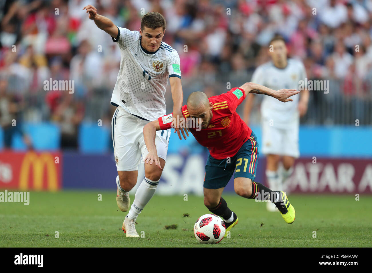 Roman Zobnin & David Silva SPAIN V RUSSIA SPAIN V RUSSIA, 2018 FIFA WORLD CUP RUSSIA 01 July 2018 GBC9055 2018 FIFA World Cup Russia STRICTLY EDITORIAL USE ONLY. If The Player/Players Depicted In This Image Is/Are Playing For An English Club Or The England National Team. Then This Image May Only Be Used For Editorial Purposes. No Commercial Use. The Following Usages Are Also Restricted EVEN IF IN AN EDITORIAL CONTEXT: Use in conjuction with, or part of, any unauthorized audio, video, data, fixture lists, club/league logos, Betting, Games or any 'live' services. Also Restri Stock Photo