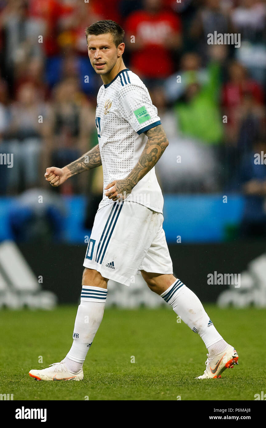 Moscow, Russia. 1st July, 2018. Fedor Smolov of Russia celebrates after scoring his penalty during the 2018 FIFA World Cup Round of 16 match between Spain and Russia at Luzhniki Stadium on July 1st 2018 in Moscow, Russia. Credit: PHC Images/Alamy Live News Stock Photo