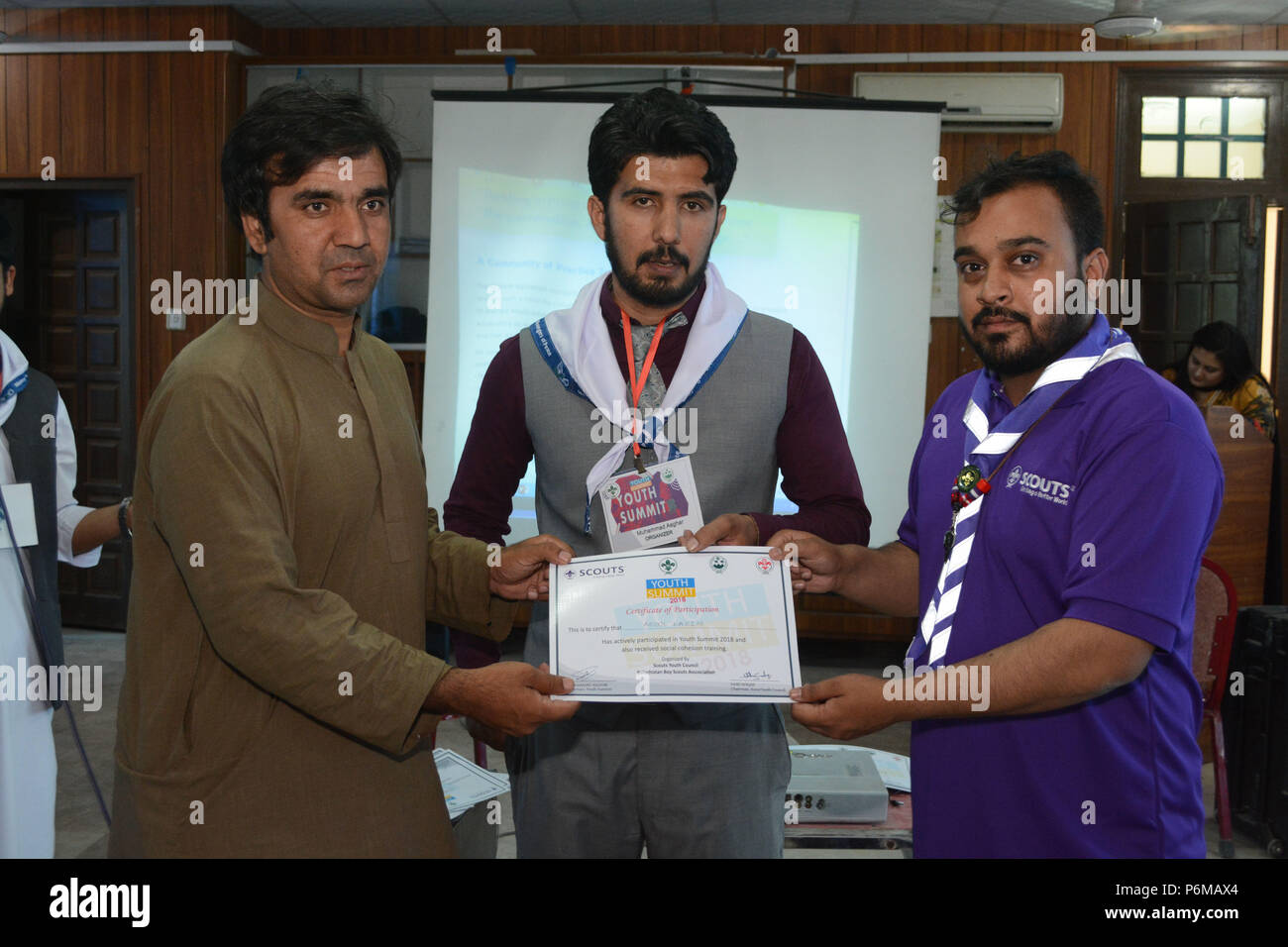 Quetta, Pakistan. 1st Jul, 2018. Chairman Scouts Youth Council Mr. Saad Waqas distributing certificates among the participants of Youth Summit 2018 at Balochistan Boy Scouts Association. Chief Organizer of the summit Mr. Muhammad Asghar Khan also presented here. Credit: ZMA Photos/Alamy Live News Stock Photo