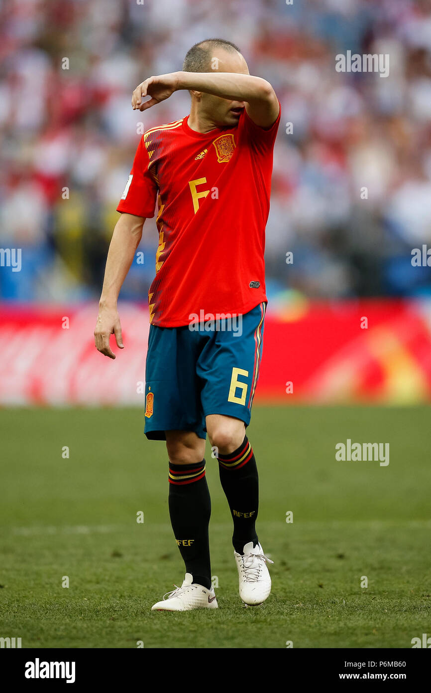 Moscow, Russia. 1st July, 2018. Andres Iniesta of Spain looks dejected during the 2018 FIFA World Cup Round of 16 match between Spain and Russia at Luzhniki Stadium on July 1st 2018 in Moscow, Russia. Credit: PHC Images/Alamy Live News Stock Photo