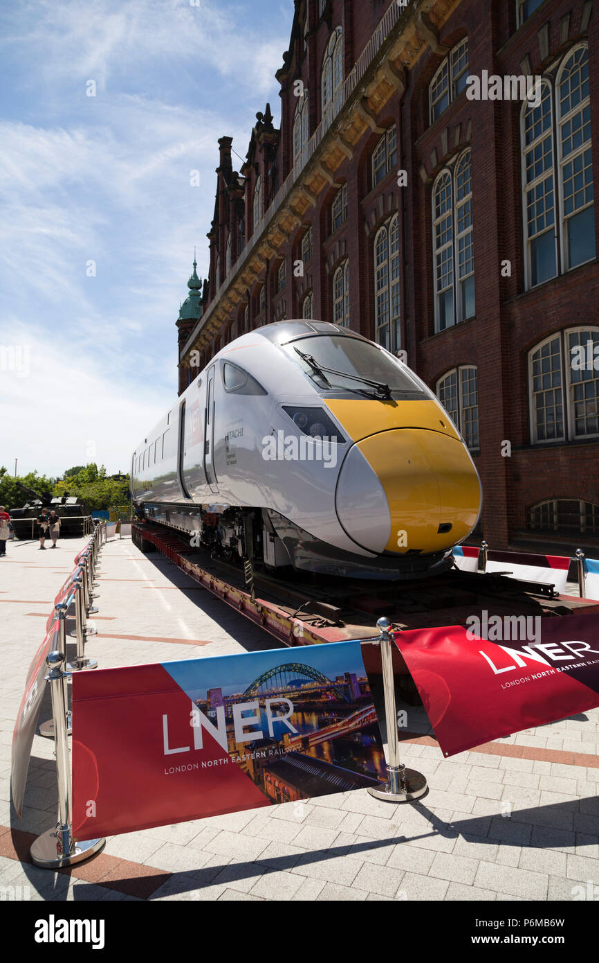 A London North Eastern Railway (LNER) Azuma locomotive outside of Discovery Museum in Newcastle upon Tyne, UK. The engines are built by Hitachi and used for inter-city services on the InterCity East Coast line between London and Edinburgh. Stock Photo