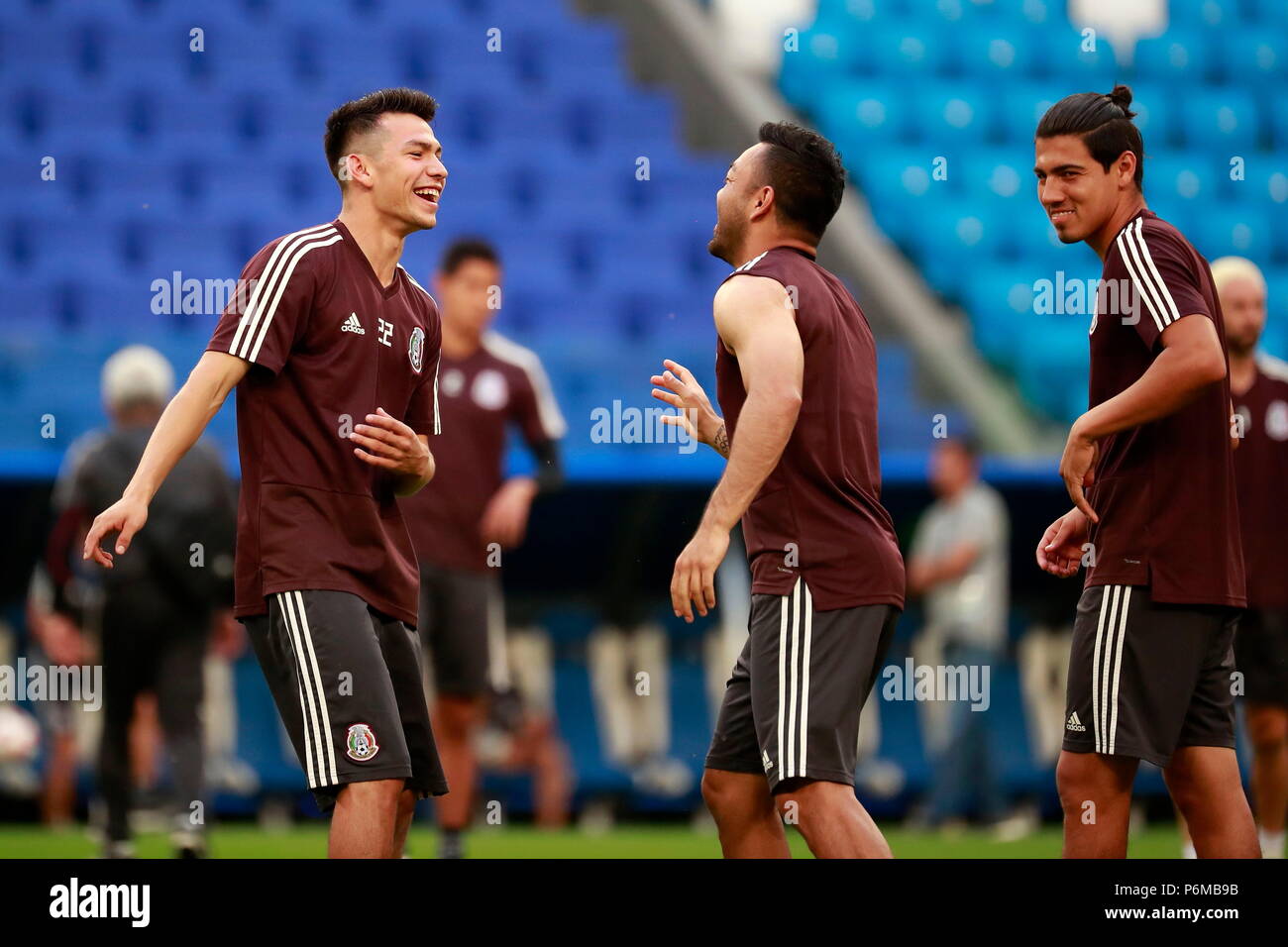 Mexico S Hirving Lozano L Marco Fabian C And Erick Gutierrez R During A Training Session At The Samara Arena In Moscow Russia 01 July 2018 Mexico Will Face Brazil Tomorrow In The