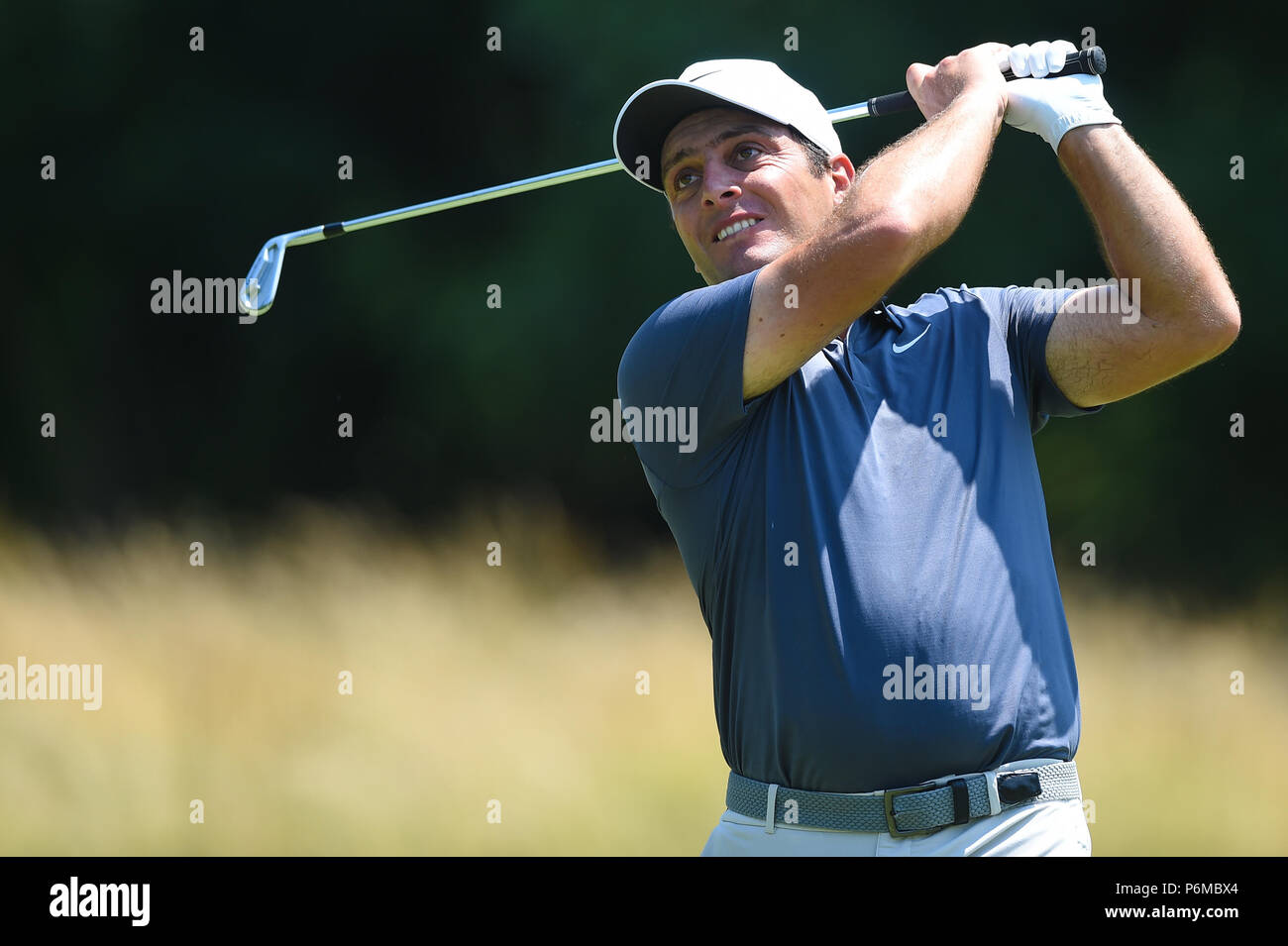 JULY 01, 2018 - Current leader Francesco Molinari (ITA) tees off at the par three third hole during the final round at the 2018 Quicken Loans National at the Tournament Players Club in Potomac MD. Stock Photo