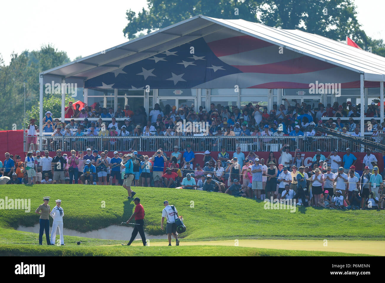 Potomac, MD, USA. 1st July, 2018. Tiger Woods (USA) walks on the the sixteenth green during the final round at the 2018 Quicken Loans National at the Tournament Players Club in Potomac MD. Credit: Cal Sport Media/Alamy Live News Stock Photo