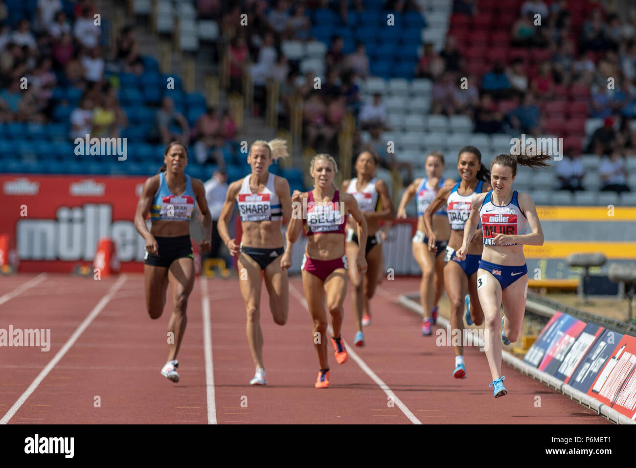 Birmingham, UK. 1st July, 2018. Laura Muir sprints to victory in the 800m final at the British Athletics Championships at Alexander Stadium, Birmingham, Great Britain, on 1 July 2018. Credit: Andrew Peat/Alamy Live News Stock Photo