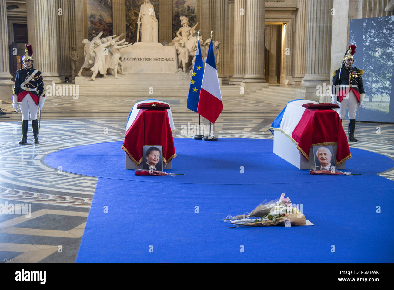 Paris, Ile de France, France. 1st July, 2018. Caskets of the deceased during the ceremony.The burial ceremony of former French politician and Holocaust survivor Simone Veil and her husband Antoine Veil at the Pantheon in Paris. Former Health Minister, Simone Veil, who passed away on June 30, 2017 became president of the European Parliament and one of France's most revered politicians by advocating the 1975 law legalizing abortion in France. Credit: Thierry Le Fouille/SOPA Images/ZUMA Wire/Alamy Live News Stock Photo