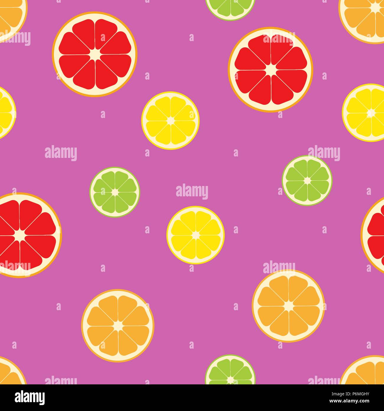 Seamless pattern slice oranges, lemons, limes, grapefruits. Vector illustration. Food wallpapers from citrus fruit. Pink background. Stock Vector