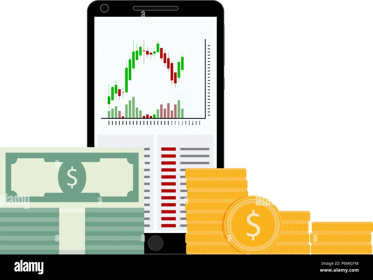 Stock trading on smartphone. Stock financial chart market, graph trade. Vector illustration Stock Vector