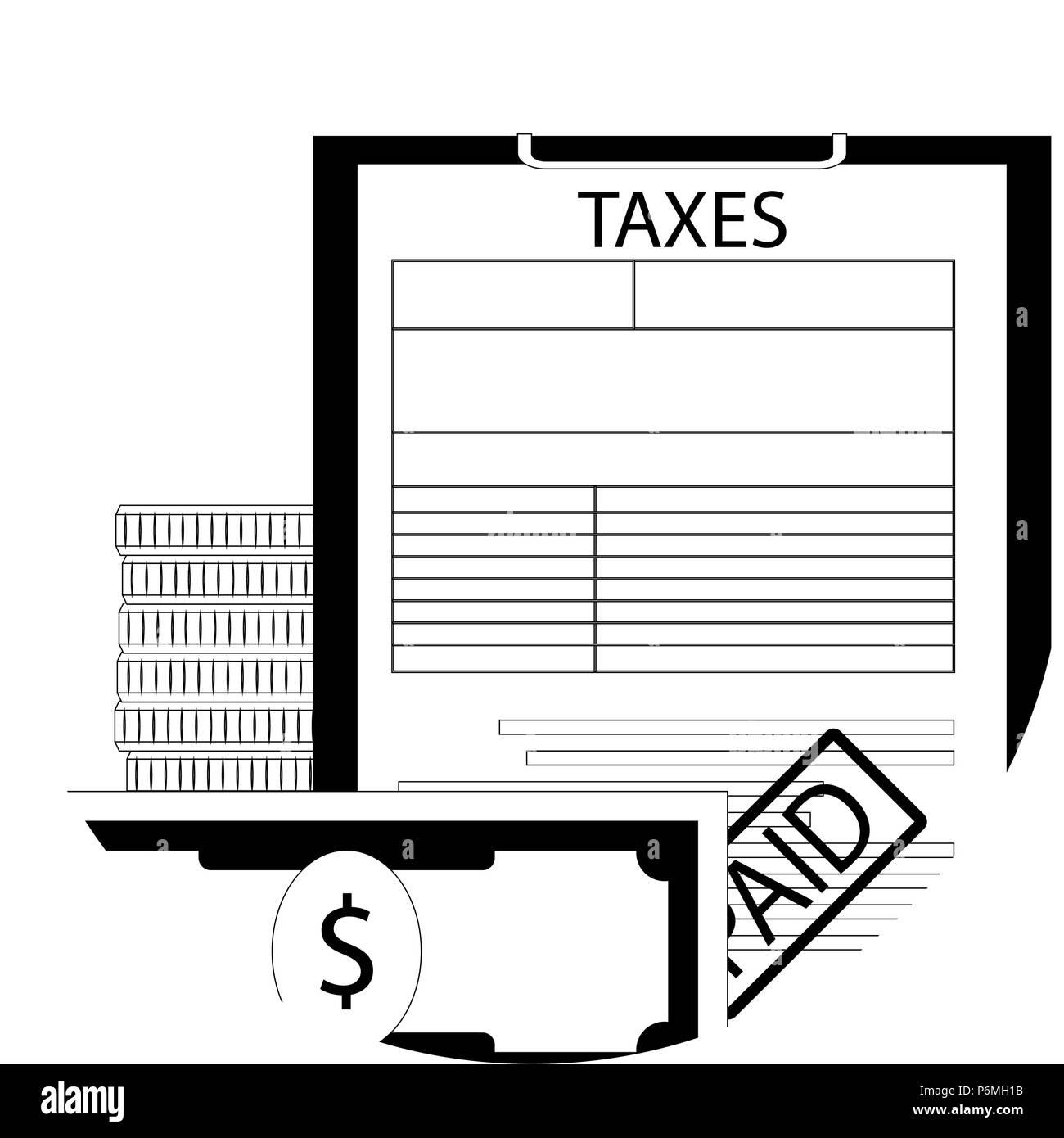 Taxes paid, tax service icon. Money stack linear and dollar banknote