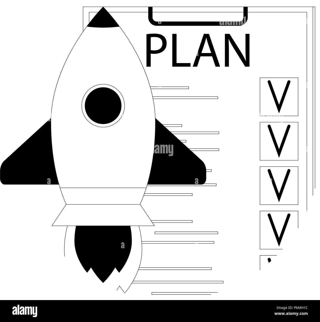 Plan checklist for launch startup. Rocket up line linear icon. Vector illustration Stock Vector