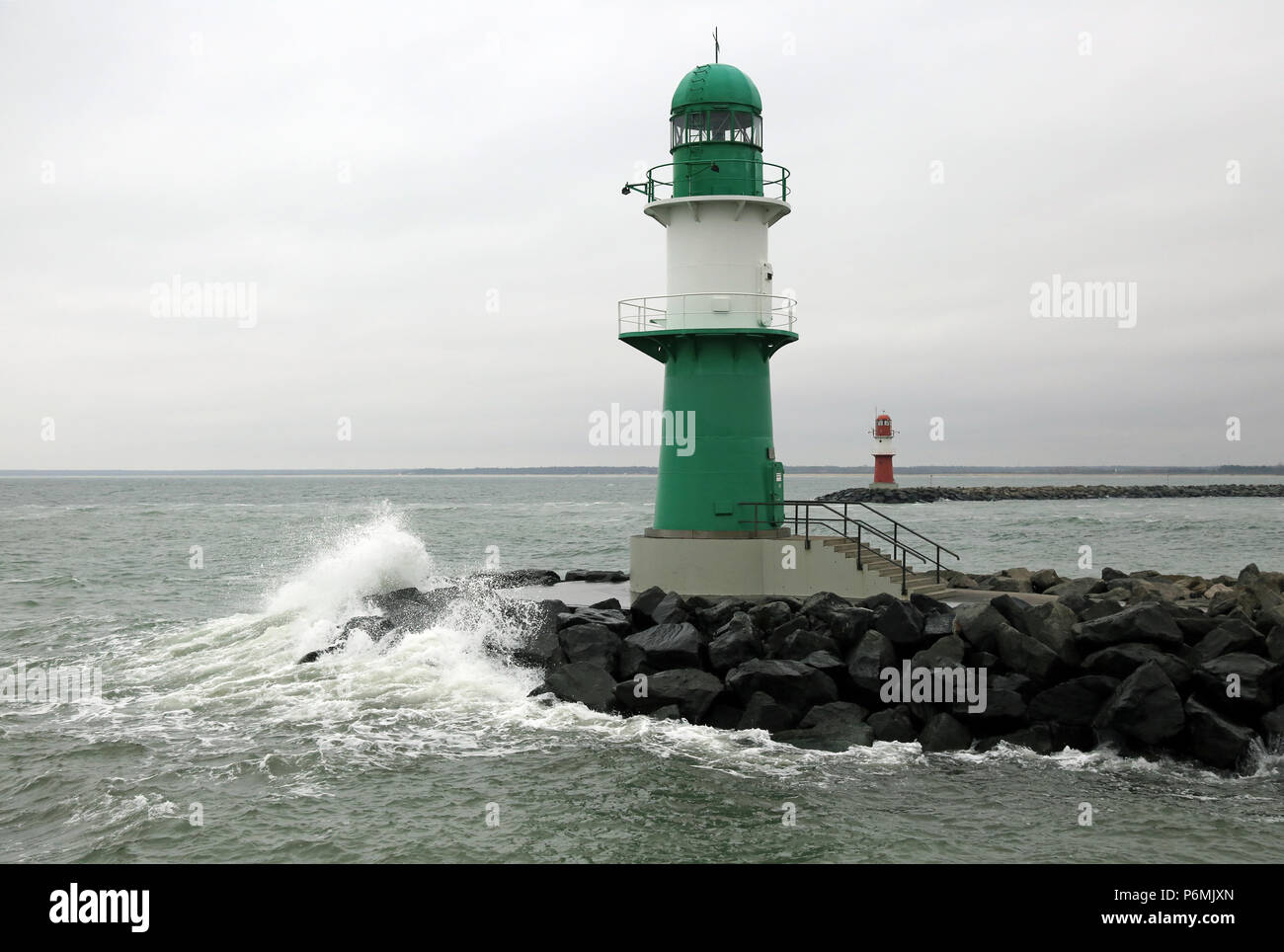 Warnemuende, lighthouses on the west and east mole Stock Photo