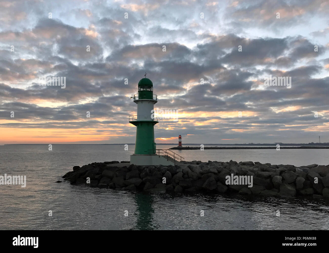 Warnemuende, lighthouses at the pier at dawn Stock Photo