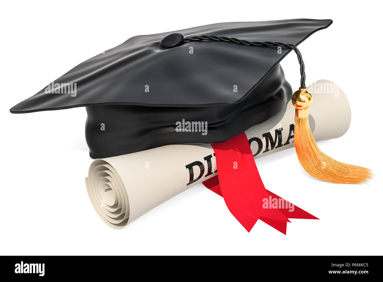 Graduation cap and diploma scroll, 3D rendering isolated on white ...