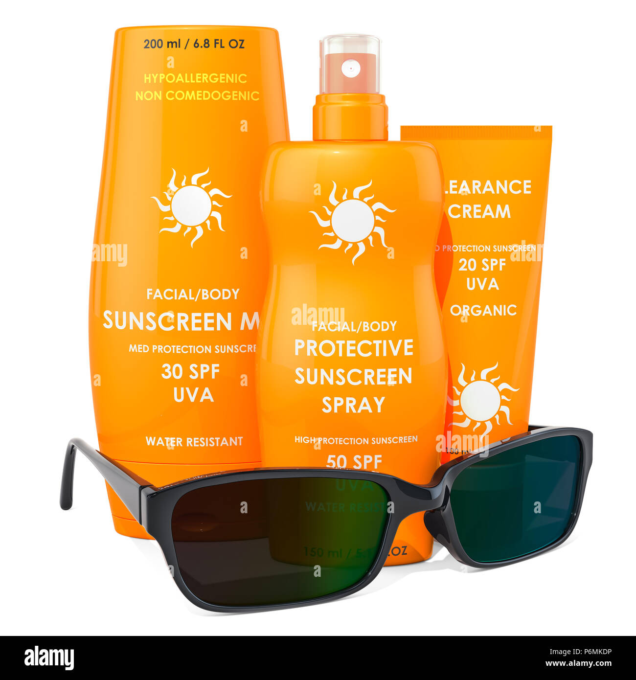 Sunscreen products with sunglasses. 3D rendering isolated on white
