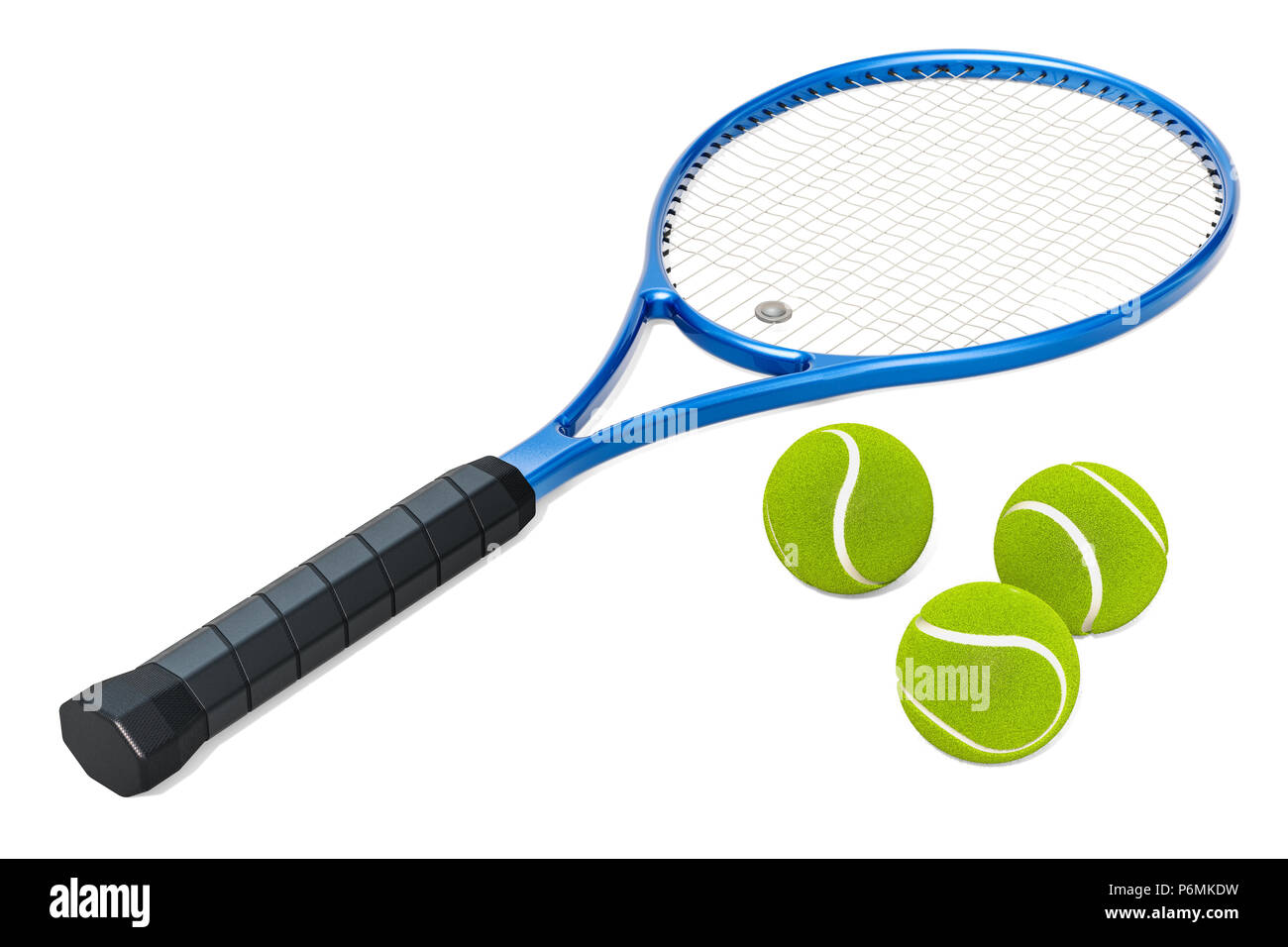 Tennis racket and balls, 3D rendering isolated on white background Stock Photo