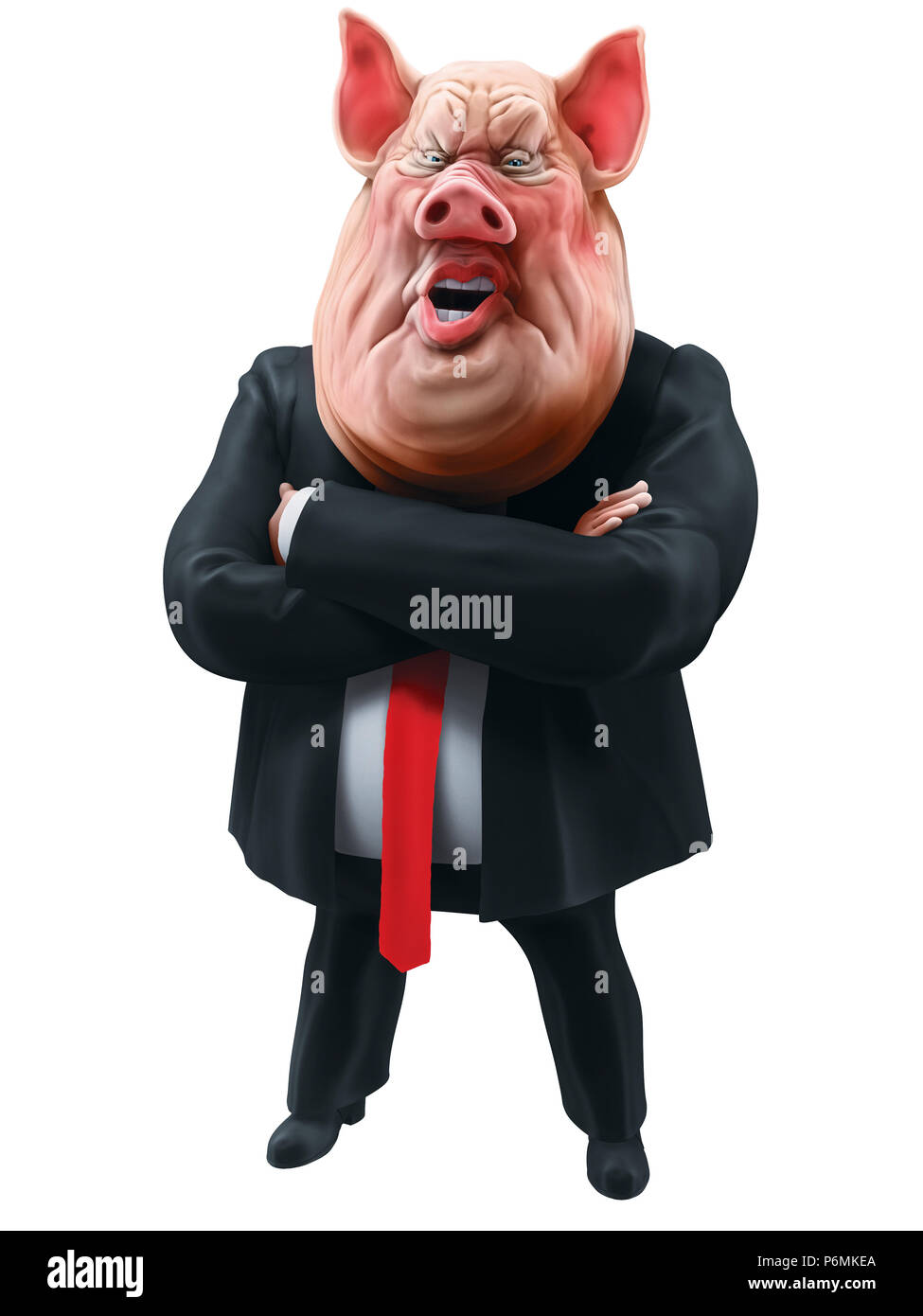Pig boss talks with arms crossed. Animal farm. 3D illustration Stock Photo