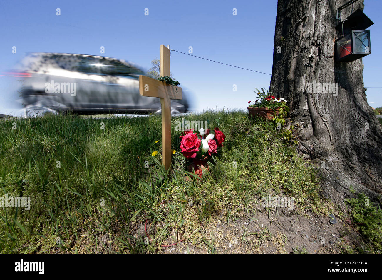 Graditz, Germany - Commemorative cross for a traffic victim on the roadside Stock Photo