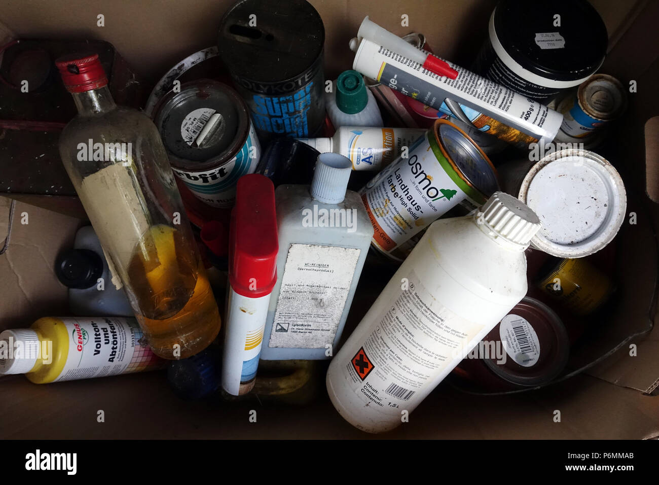 Berlin, Germany, special waste, opened paint cans and paints Stock Photo