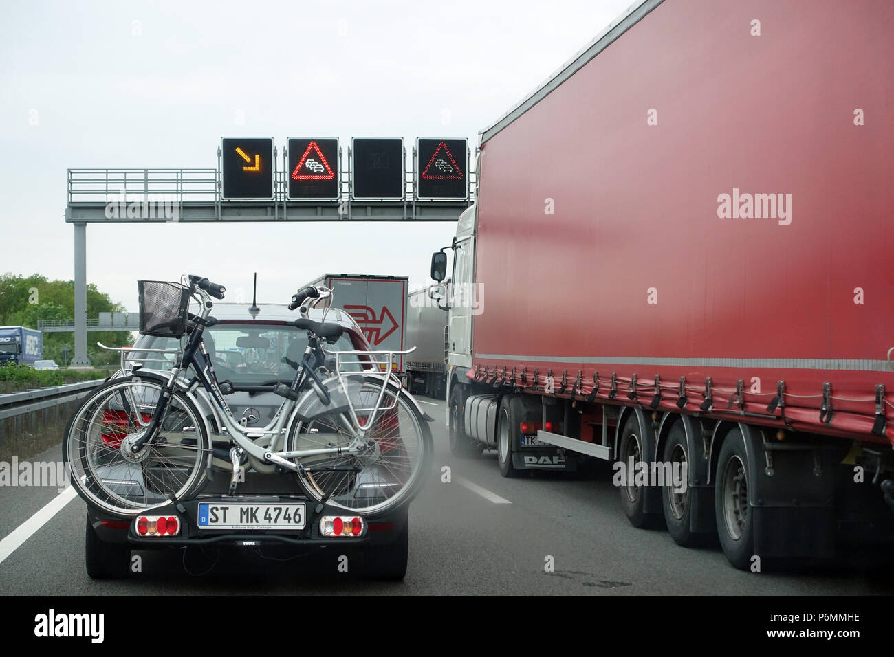 Michendorf, Germany, truck traffic jam on the A10 towards the south Stock Photo