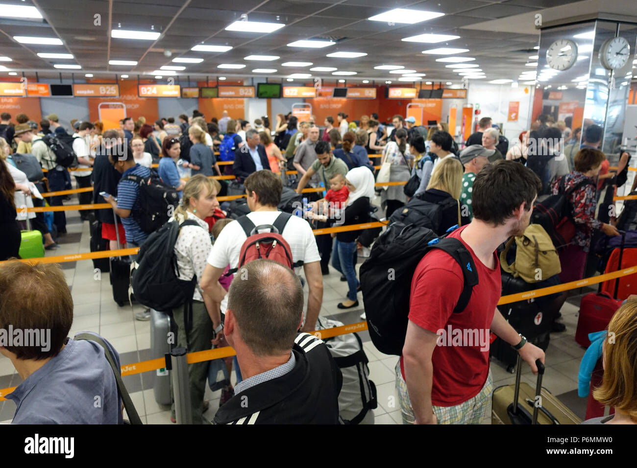 Berlin, Germany, Airline passengers arrive at the check-in of easyJet at the airport Berlin-Schoenefeld Stock Photo