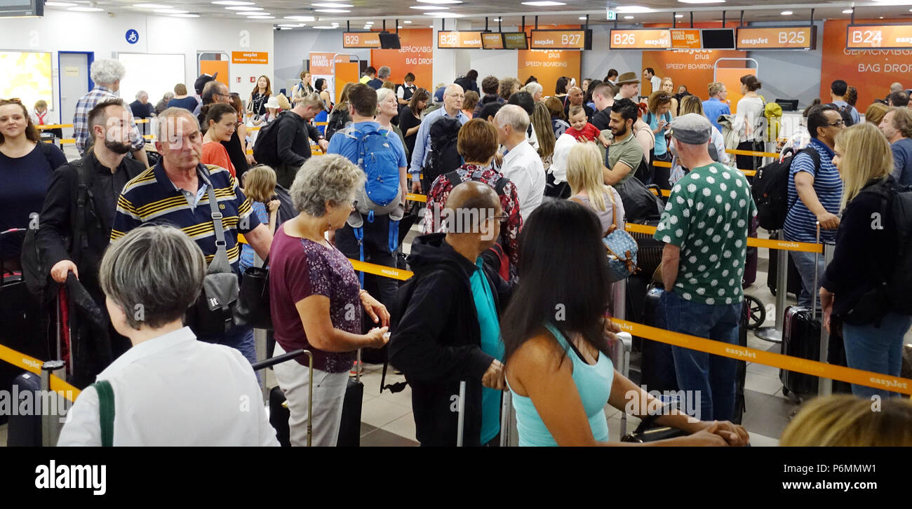 Berlin, Germany, Airline passengers arrive at the check-in of easyJet at the airport Berlin-Schoenefeld Stock Photo