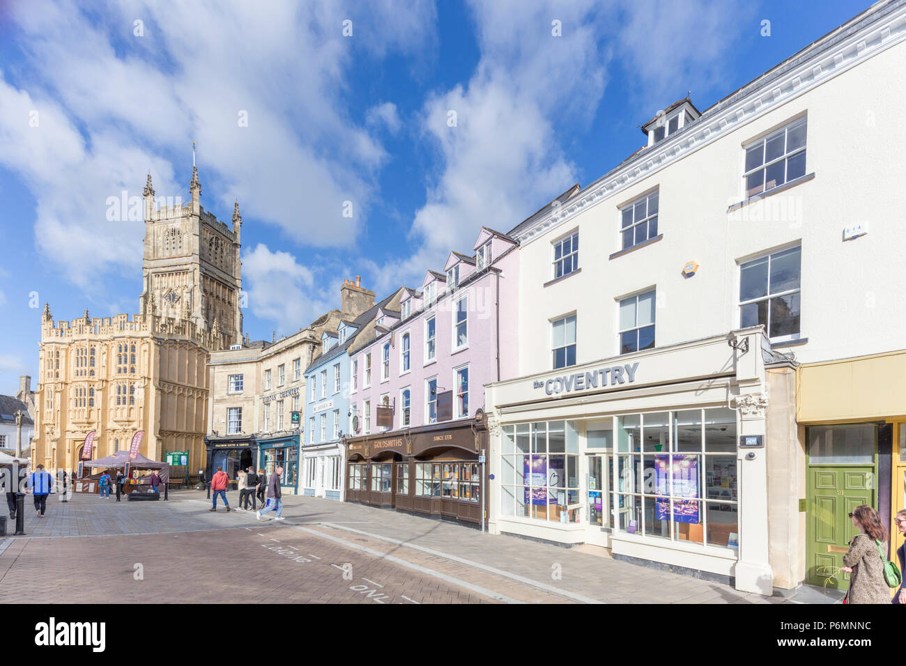 Cirencester town centre and Church of St. John the Baptist, Gloucestershire, England, UK Stock Photo