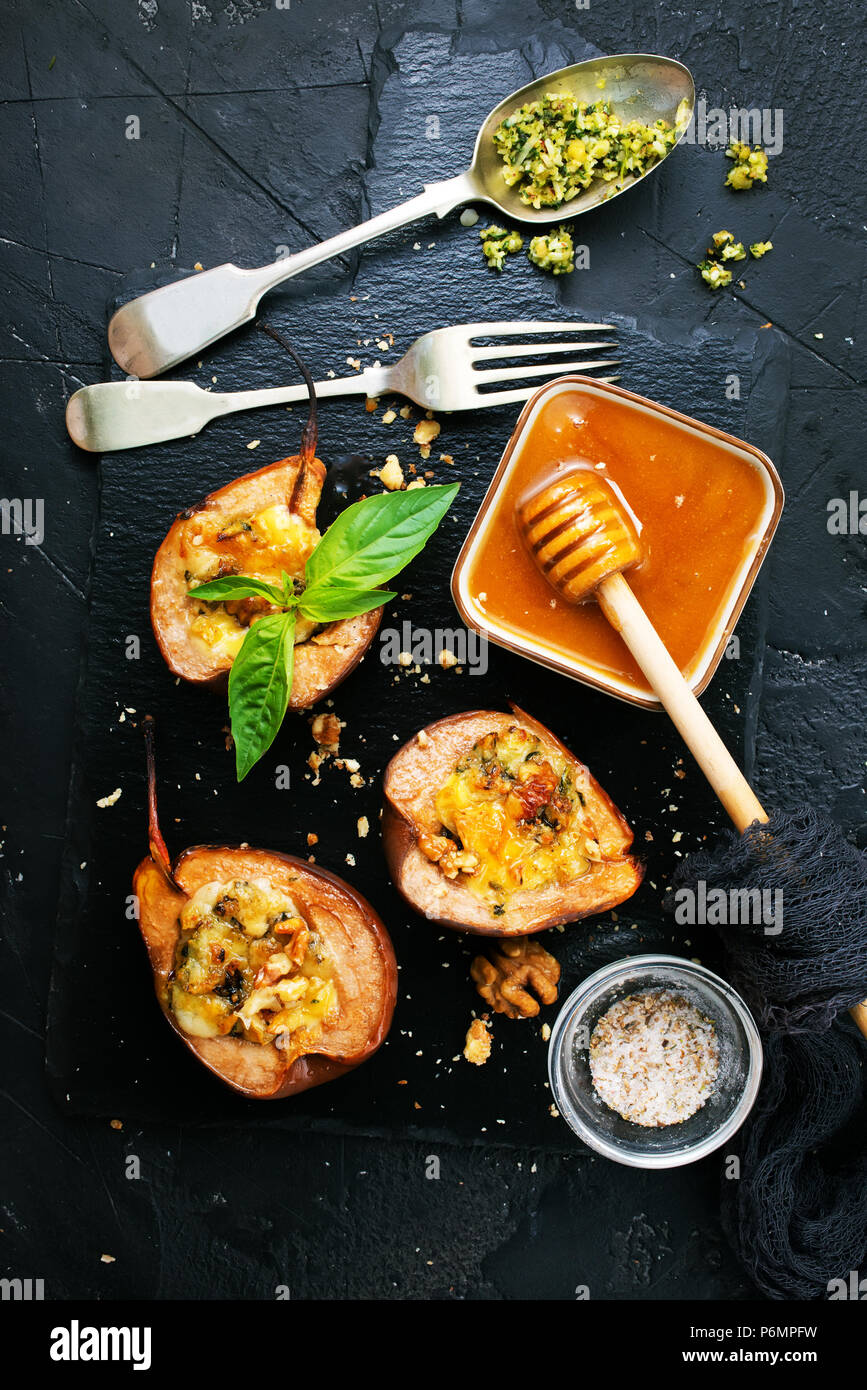 baked pears with cheese nuts honey, stock photo Stock Photo