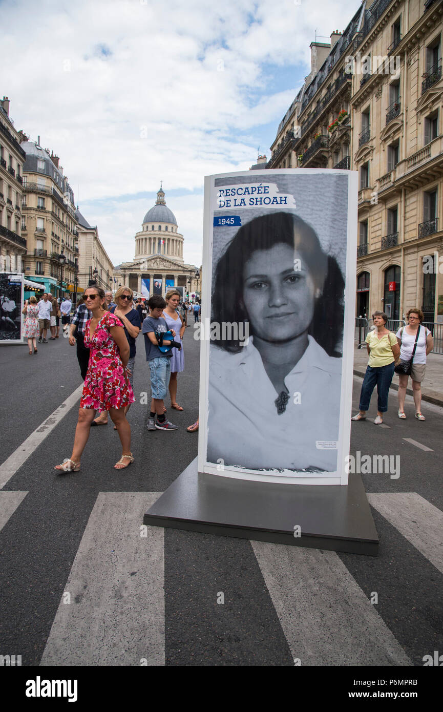 Portrait of the deceased is seen displayed in the street. The burial ceremony of former French politician and Holocaust survivor Simone Veil and her husband Antoine Veil at the Pantheon in Paris. Former Health Minister, Simone Veil, who passed away on June 30, 2017 became president of the European Parliament and one of France's most revered politicians by advocating the 1975 law legalizing abortion in France. Stock Photo