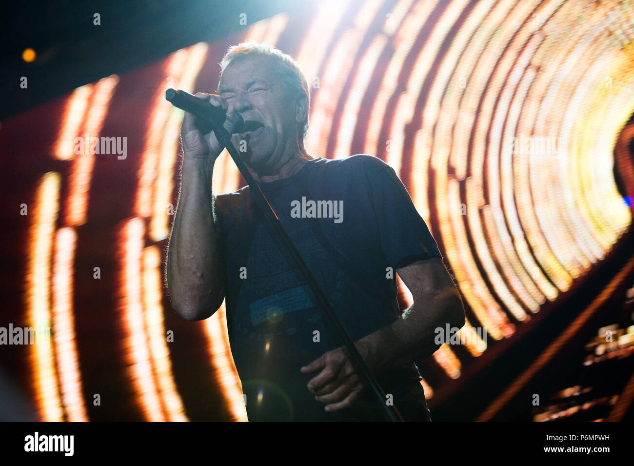 Deep Purple vocalist , Ian Gillan performs. Deep purple band performs at Tauron Arena Krakow as part of the farewell tour, The Long Goodbye Tour. Stock Photo