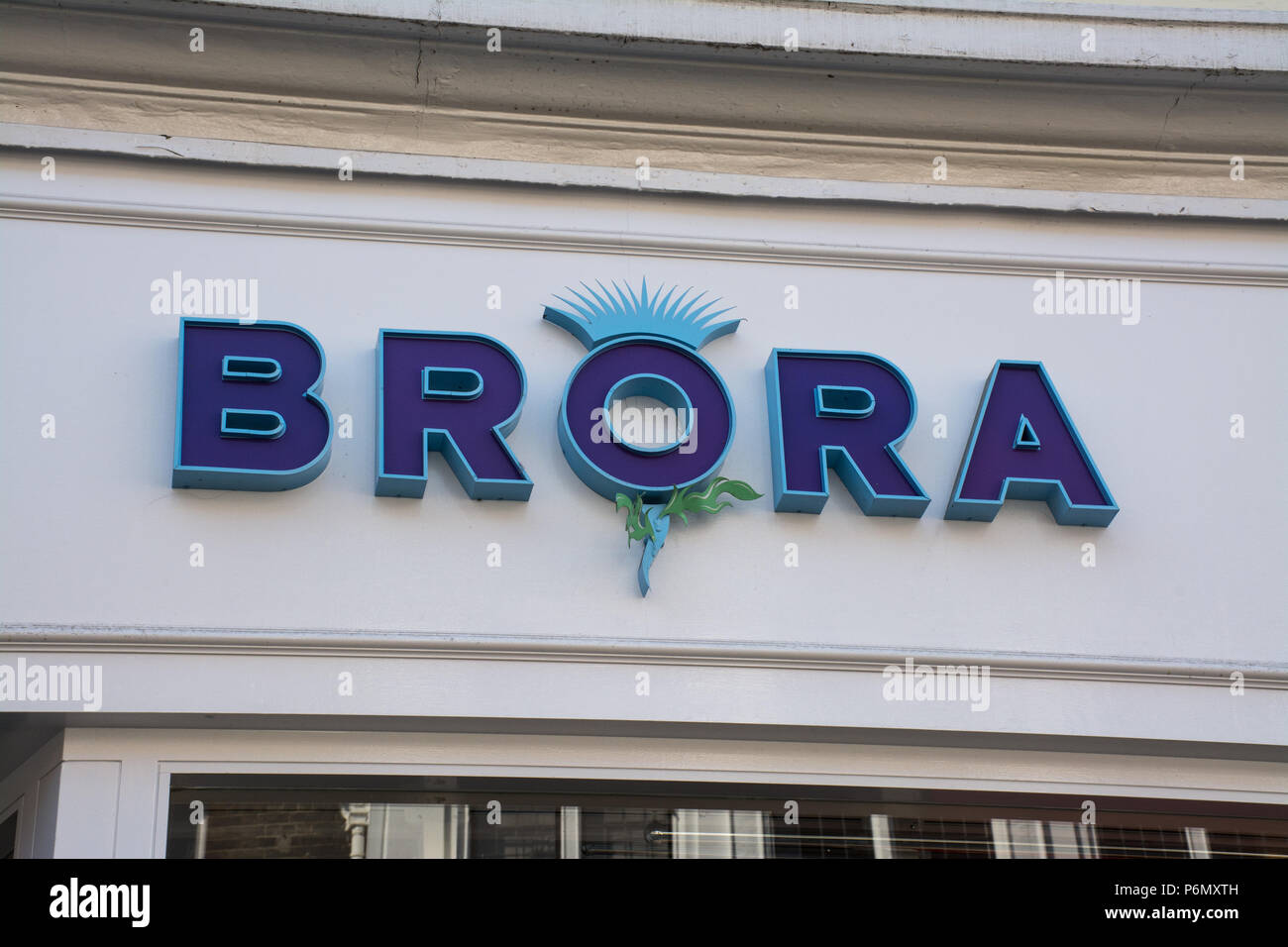 Sign on exterior of Brora shop, a Scottish retailer selling cashmere products, UK Stock Photo