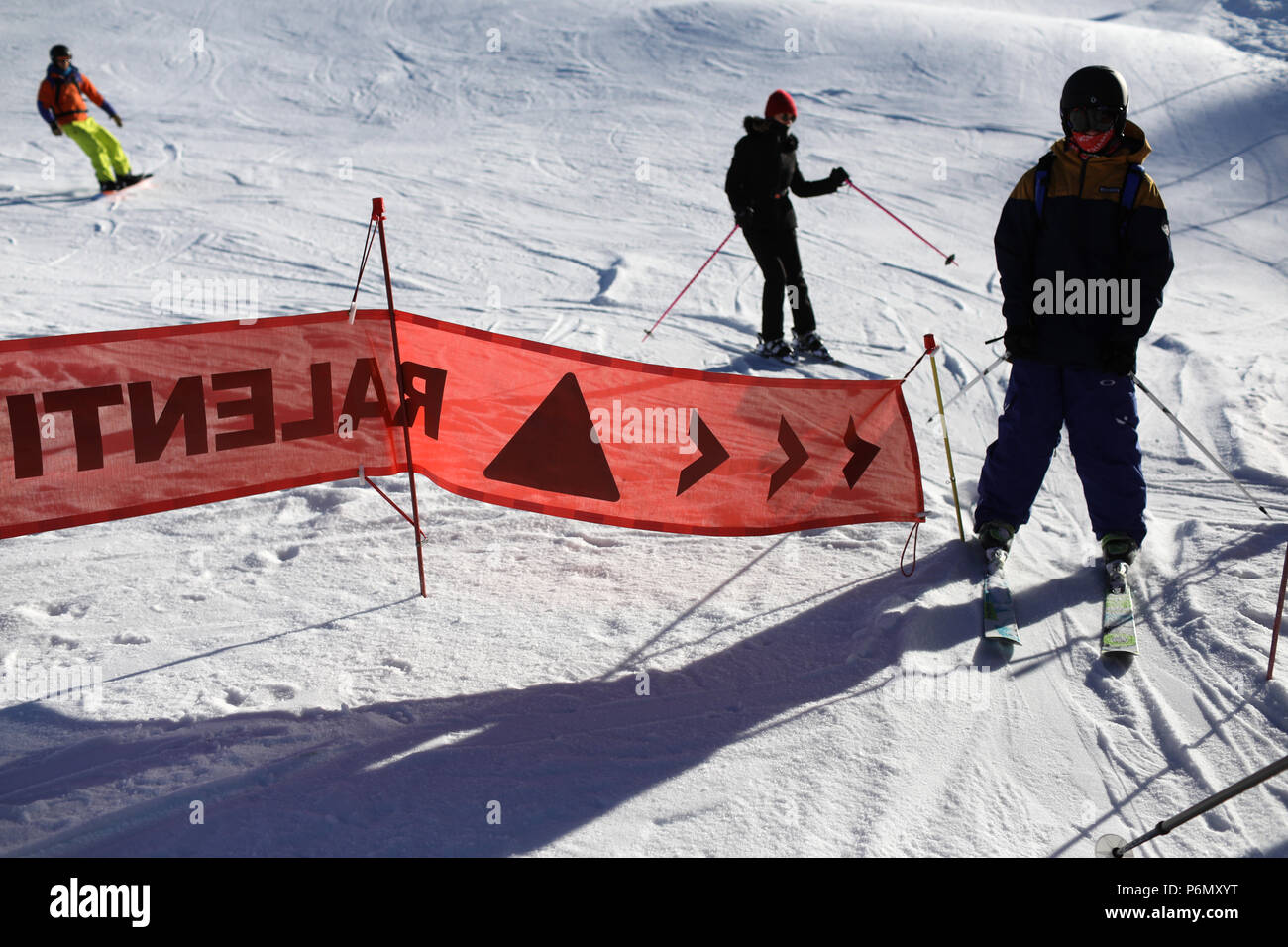 French Alps. Skiers slow sign. Ski Slope.  Saint-Gervais. France. Stock Photo