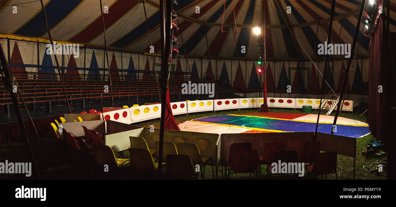 Night scene from small circus tent, interior details, stage is ready for show. Stock Photo