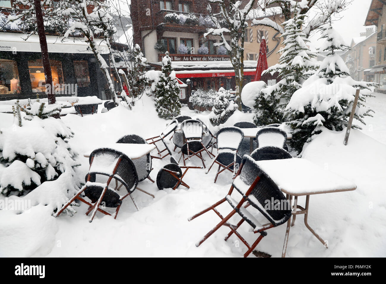 Restaurant in winter.  Megeve. France. Stock Photo