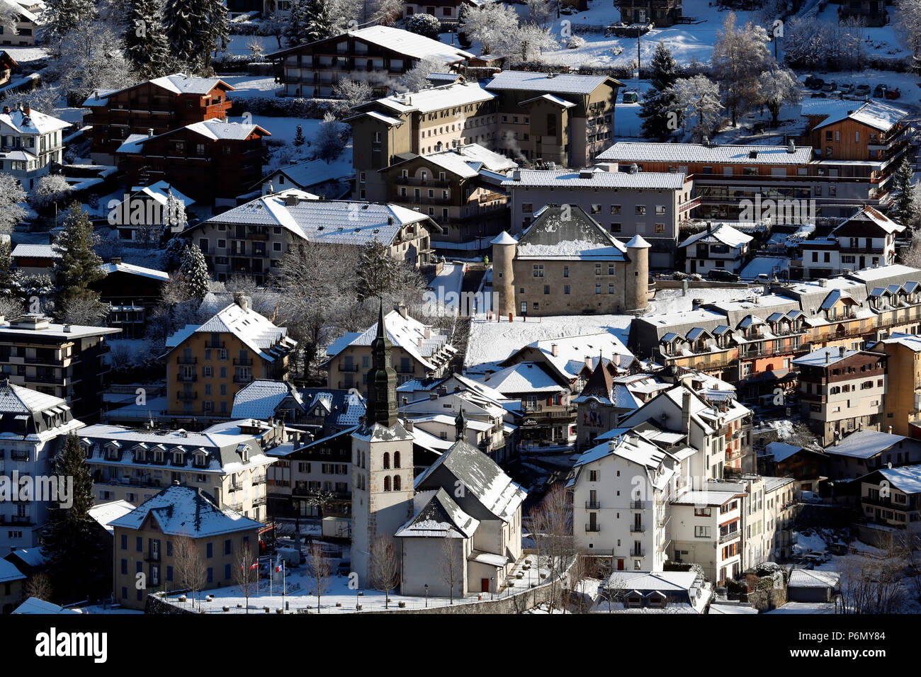 General view of Saint-Gervais Mont-Blanc in winter.  France. Stock Photo
