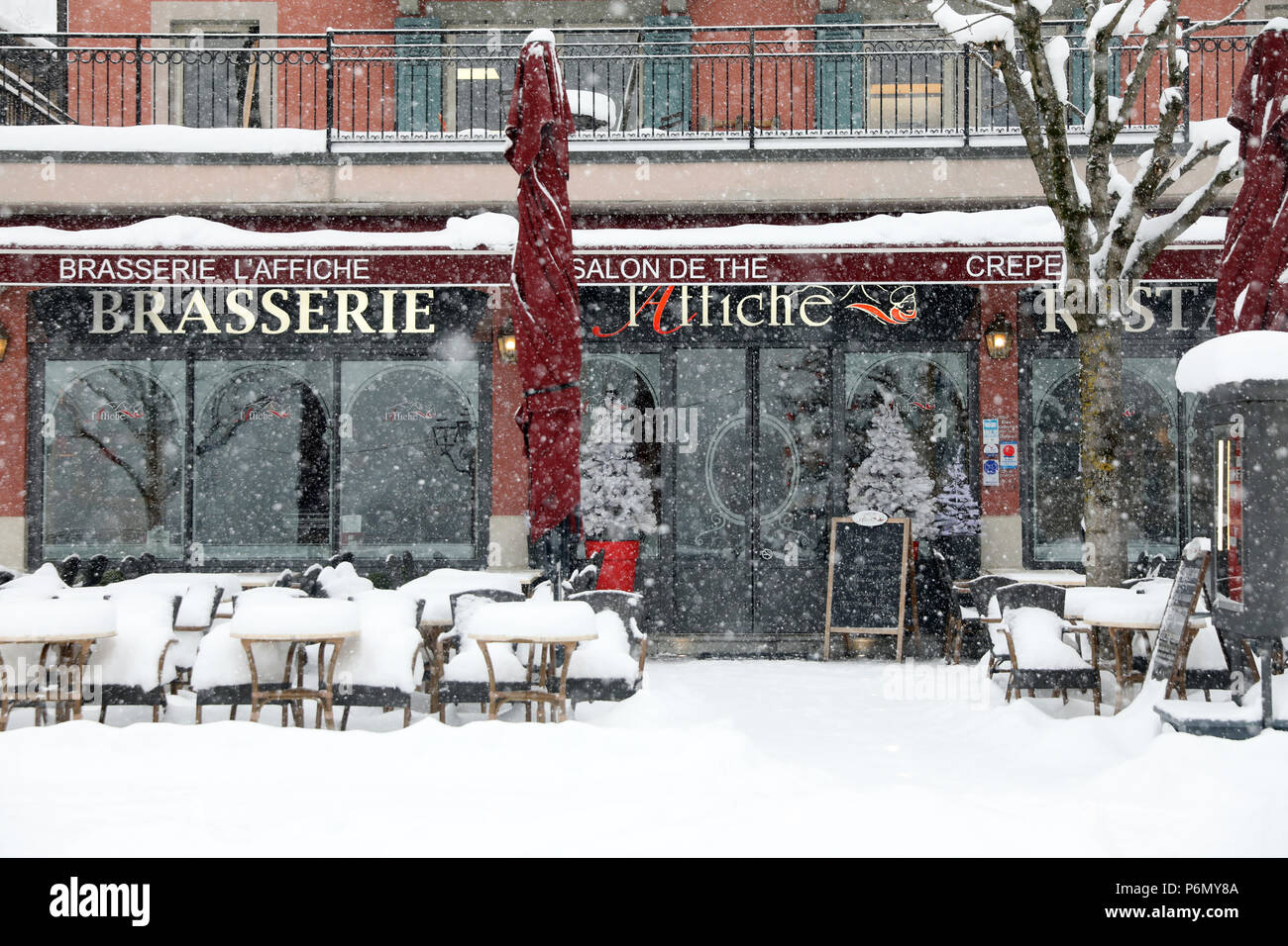 Village of Saint-Gervais Mont-Blanc in winter.  Brasserie l'Affiche.  France. Stock Photo