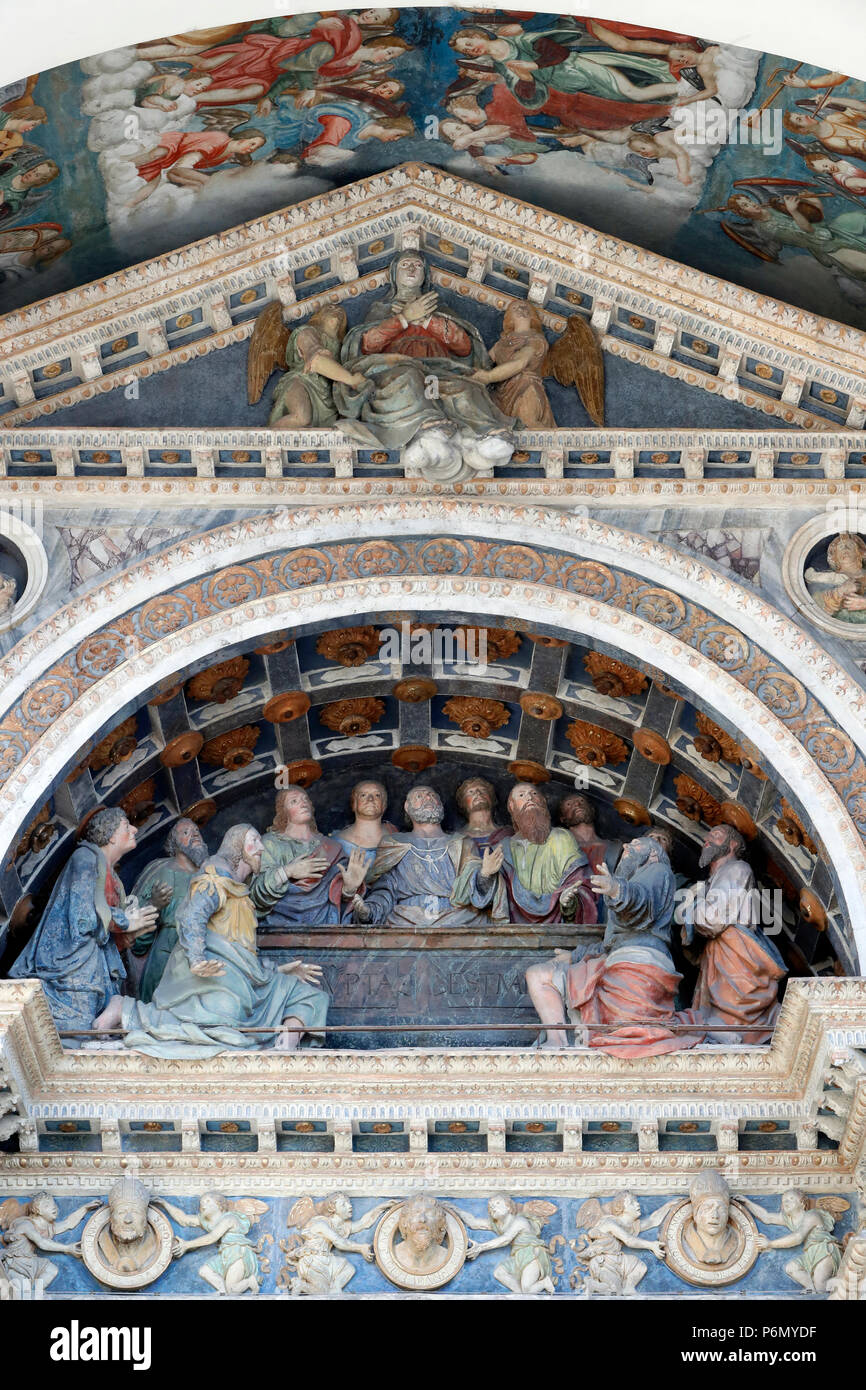Cathedral of the Assumption of Mary and Saint John the Baptist. Assumption of the Virgin Mary an the apostles.  Aosta. Italy. Stock Photo