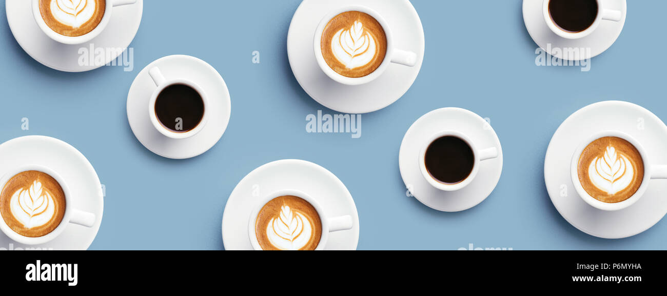 Many Cups Of Coffee And Cappuccino With Latte Art On Blue