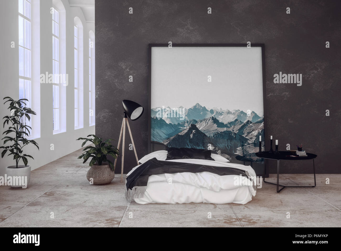 Modern Bedroom In An Open Plan Loft Conversion With Dark