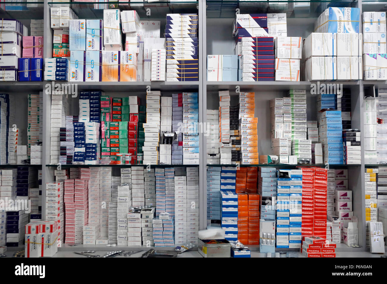Hospital pharmacy.  Medicine in the shelves.  Ho Chi Minh City. Vietnam. Stock Photo
