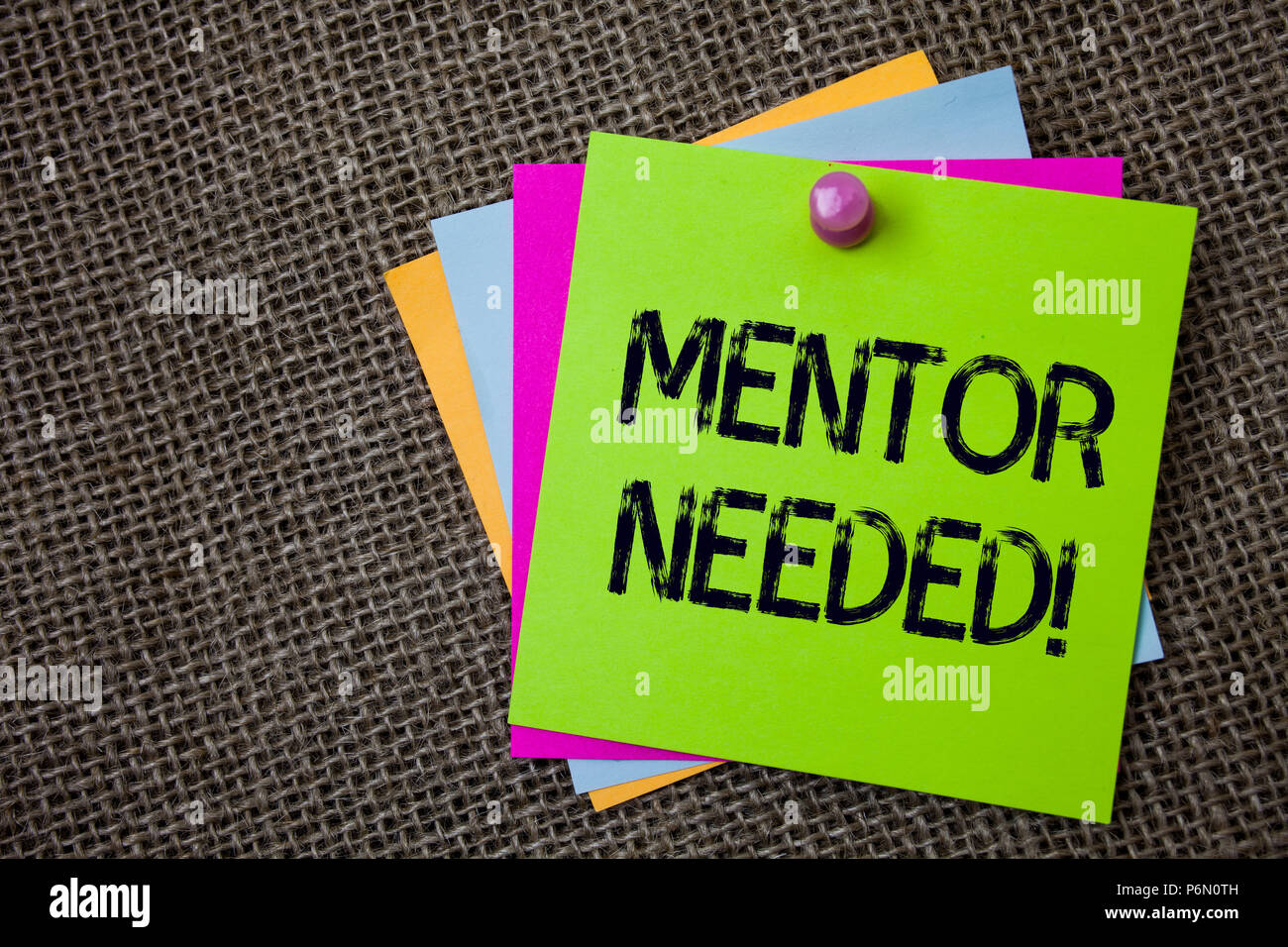 Handwriting text writing Mentor Needed Call. Concept meaning Guidance advice training required Sticky cards board pinned muliple Stock Photo - Alamy